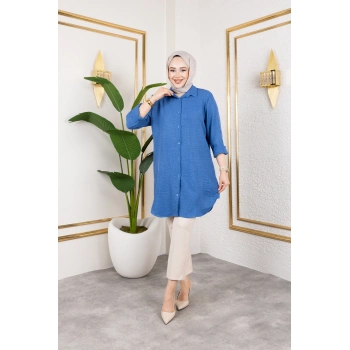 Büyük Beden Sofya Keten Gömlek Mavi