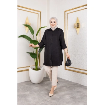 Büyük Beden Sofya Keten Gömlek Siyah