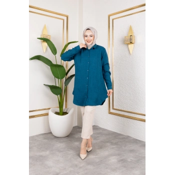 Büyük Beden Sofya Keten Gömlek Turkuaz