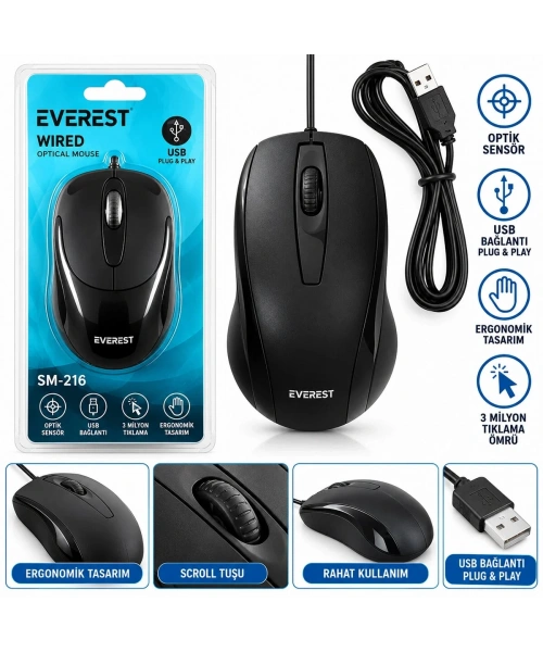 KABLOLU USB - IŞIKLI SİYAH OPTİCAL MOUSE 1200 DPI SM-216 (5468)
