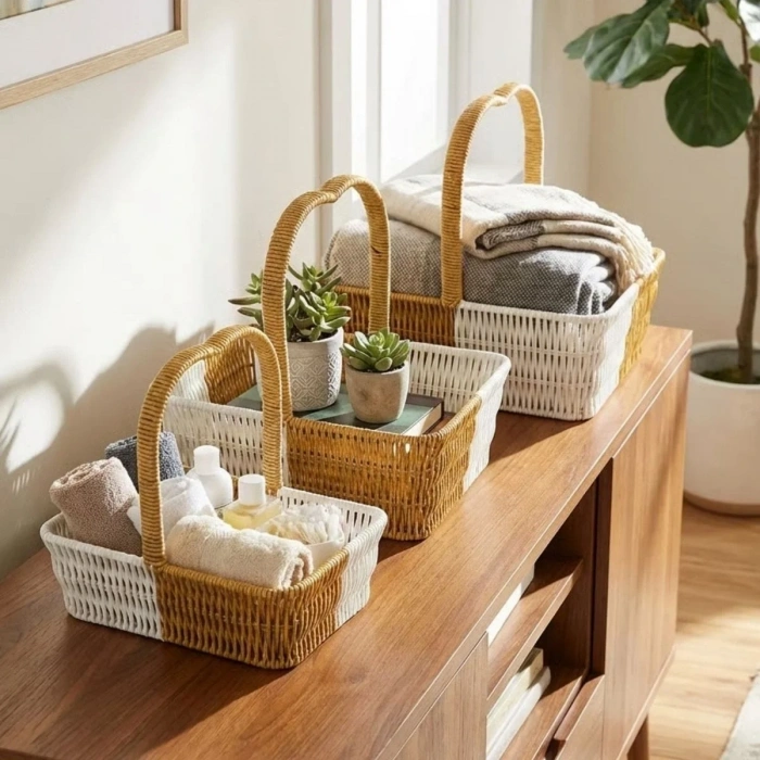 BiiShe® İç İçe Geçebilen 3’lü Çift Renkli Dikdörtgen Formlu Kalp Saplı Plastik Rattan Sepet Seti – Hasır Görünümlü Çok Amaçlı Organizerler