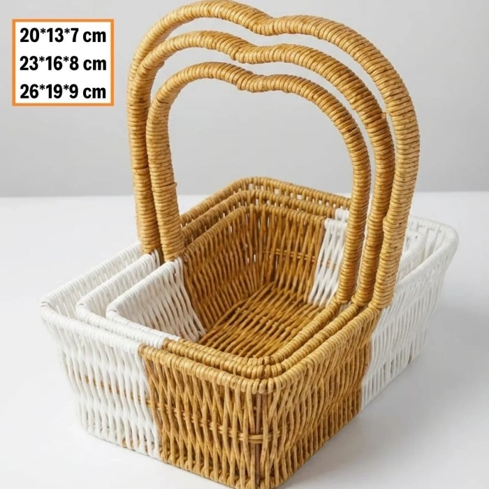BiiShe® İç İçe Geçebilen 3’lü Çift Renkli Dikdörtgen Formlu Kalp Saplı Plastik Rattan Sepet Seti – Hasır Görünümlü Çok Amaçlı Organizerler