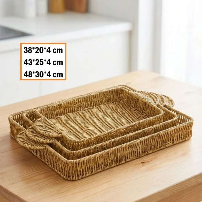 BiiShe® İç İçe Geçebilen 3’lü Dikdörtgen Plastik Rattan Tepsi Seti–Hasır Görünümlü Çok Amaçlı Servis ve Sunum Tepsileri