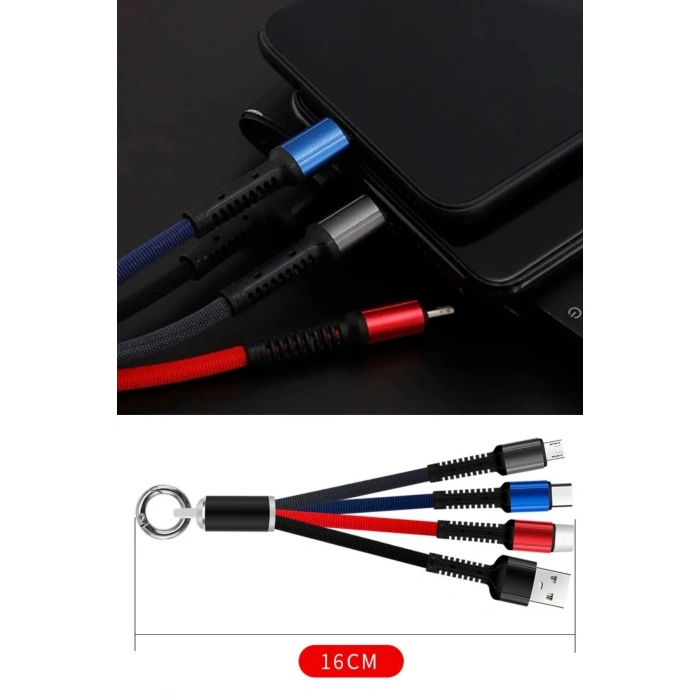 BiiShe® Işıklı Anahtarlık Model 3 in 1 USB Çıkışlı MİKRO,TYPE-C ve İphone Uyumlu Şarj Kablosu
