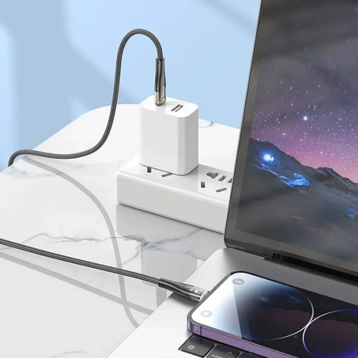 BiiShe® Led Işık Uçlu Sağlam İp Kablolu USB to Lightning Hızlı Şarj Kablosu