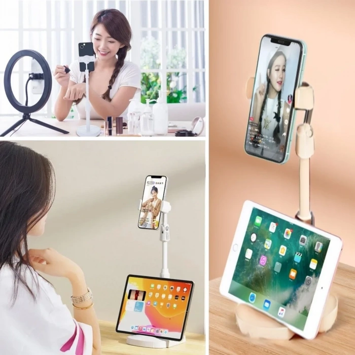 BiiShe® Masa Üstü Tablet ve Telefon Tutucu Plastik Aparat Beyaz Telefon Standı