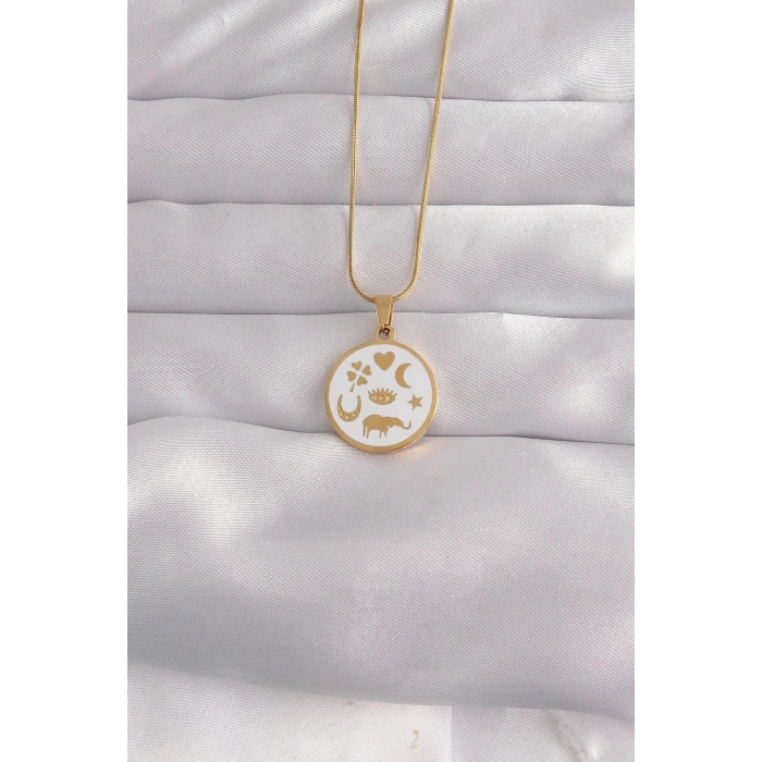 Mey İthalat® 316L Çelik Gold Renk Beyaz Mineli Karışık Figürlü Tarot Kolye