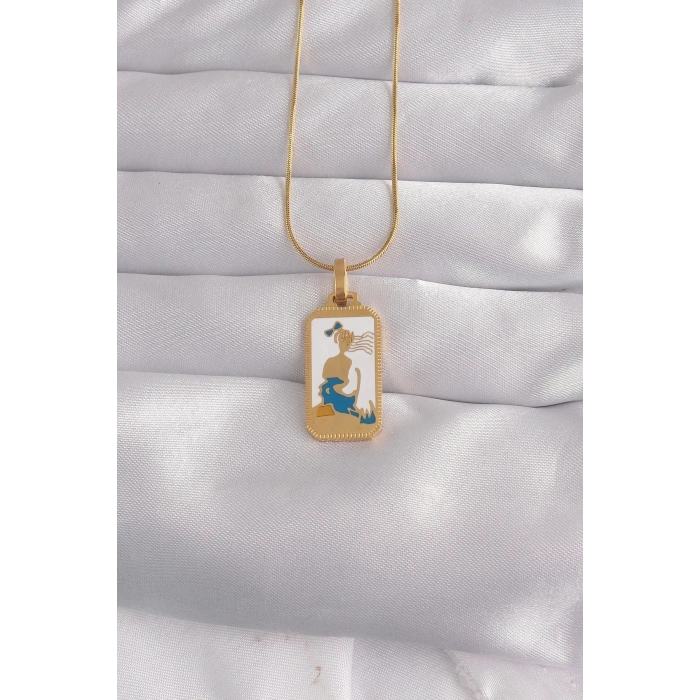 Mey İthalat® 316L Çelik Gold Renk Beyaz Mineli Kız Figür Tarot Kolye