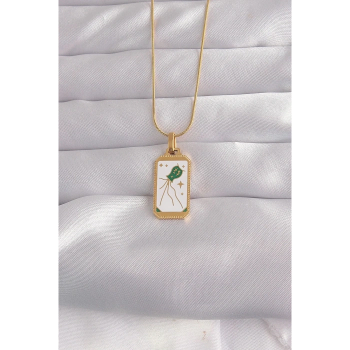 Mey İthalat® 316L Çelik Gold Renk Beyaz Mineli Tarot Kolye
