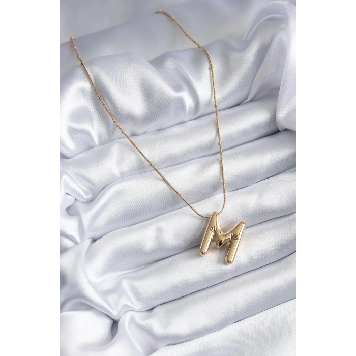 Mey İthalat® 316L Çelik Gold Renk Bubble M Harf Model Kadın Kolye
