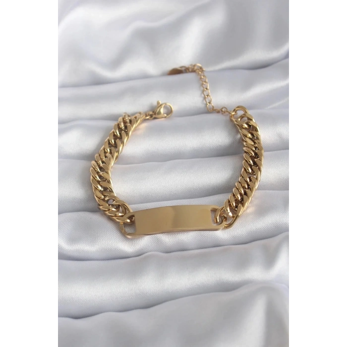 Mey İthalat® 316L Çelik Gold Renk İsim Yazılabilir Plaka Model Kadın Bileklik