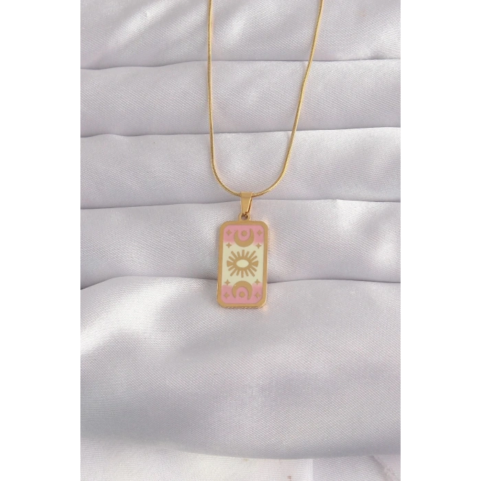 Mey İthalat® 316L Çelik Gold Renk Karışık Mineli Ay Figür Tarot Kolye