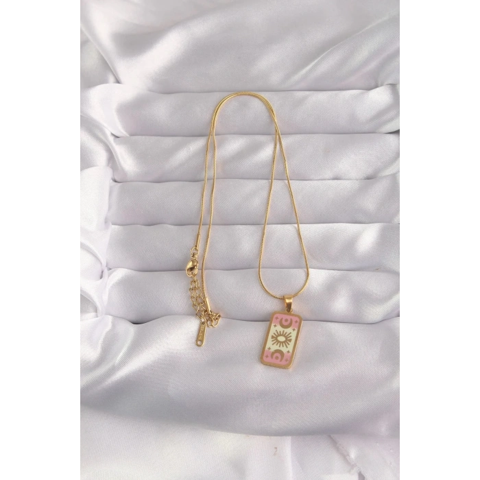 Mey İthalat® 316L Çelik Gold Renk Karışık Mineli Ay Figür Tarot Kolye