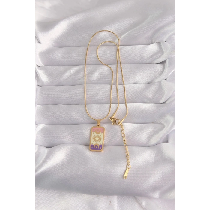 Mey İthalat® 316L Çelik Gold Renk Karışık Mineli Ay Figür Tarot Kolye
