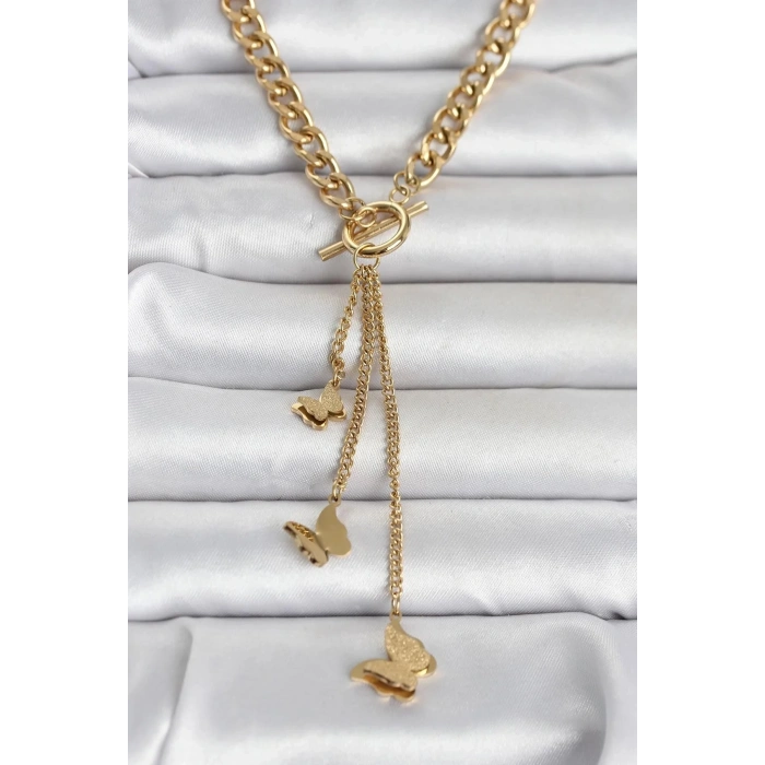 Mey İthalat® 316L Çelik Gold Renk Kelebek Sallantılı Kadın Kolye