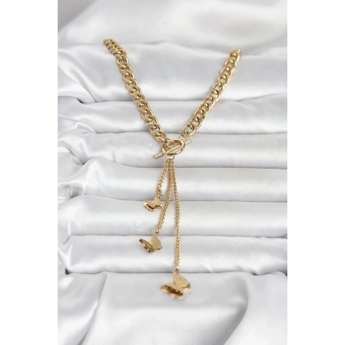 Mey İthalat® 316L Çelik Gold Renk Kelebek Sallantılı Kadın Kolye