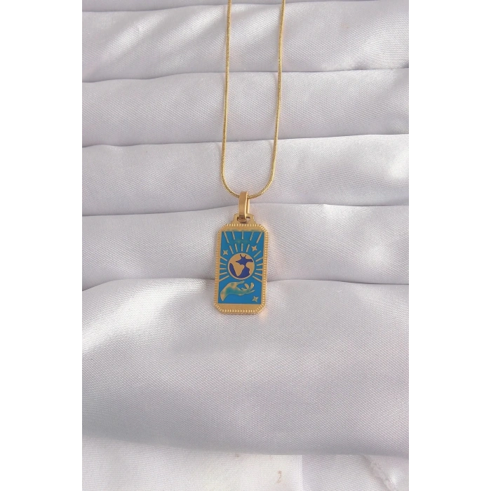 Mey İthalat® 316L Çelik Gold Renk Mavi Mineli El Figür Tarot Kolye