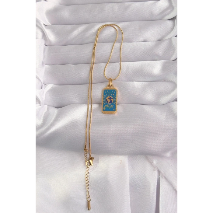 Mey İthalat® 316L Çelik Gold Renk Mavi Mineli El Figür Tarot Kolye