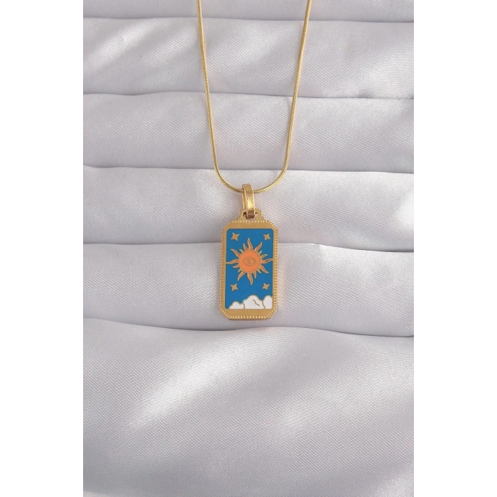 Mey İthalat® 316L Çelik Gold Renk Mavi Mineli Güneş Model Tarot Kolye