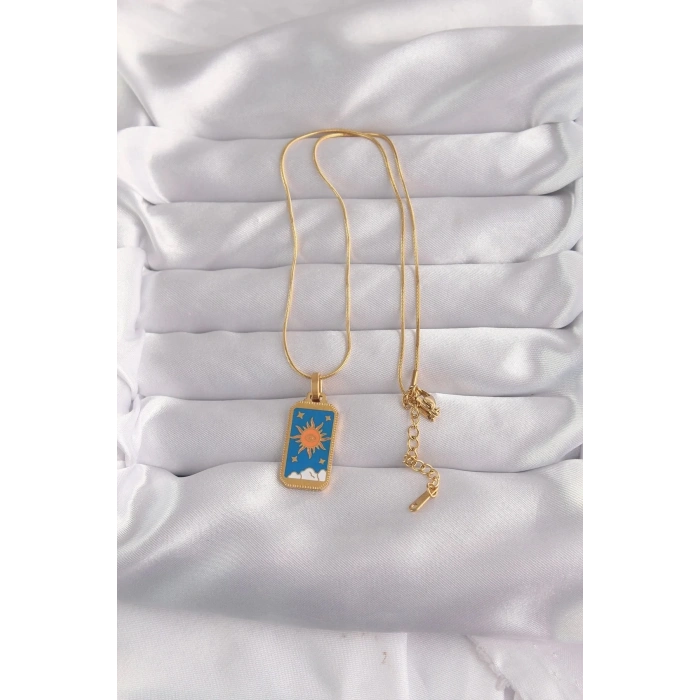 Mey İthalat® 316L Çelik Gold Renk Mavi Mineli Güneş Model Tarot Kolye