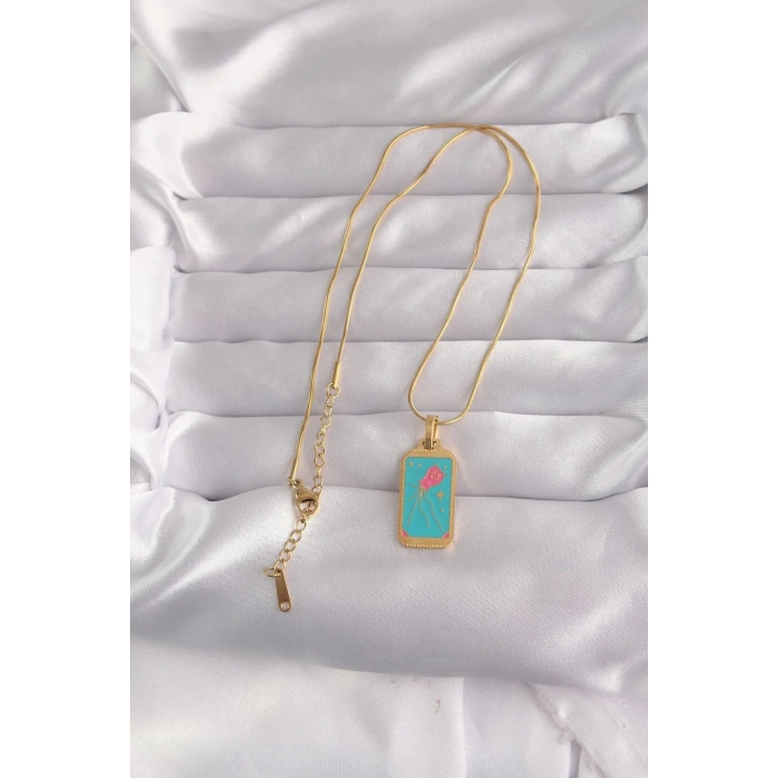 Mey İthalat® 316L Çelik Gold Renk Mavi Mineli Tarot Kolye