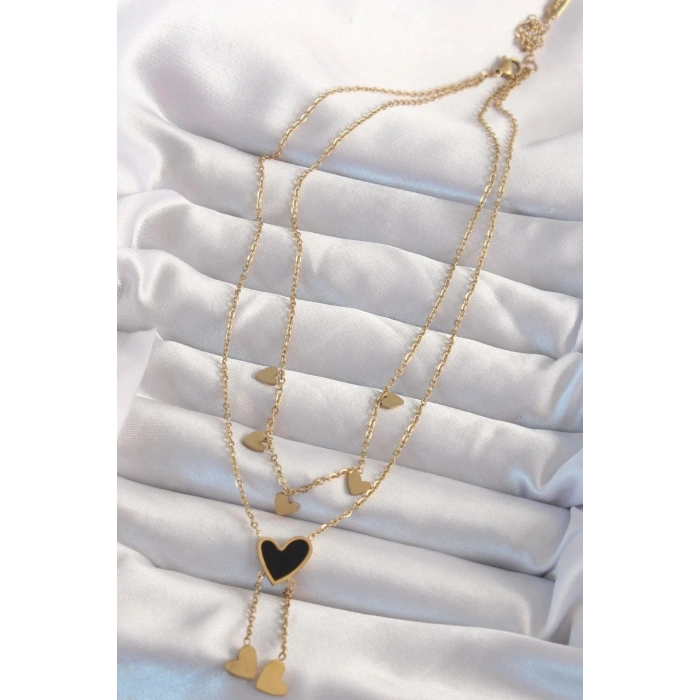 Mey İthalat® 316L Çelik Gold Renk Mineli Çoklu Kalp Kolye