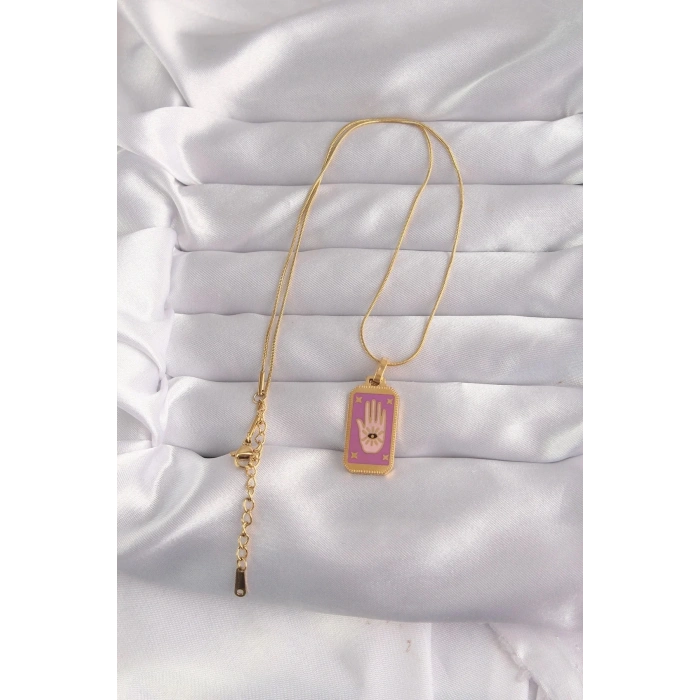 Mey İthalat® 316L Çelik Gold Renk Mor Mineli El Figür Tarot Kolye