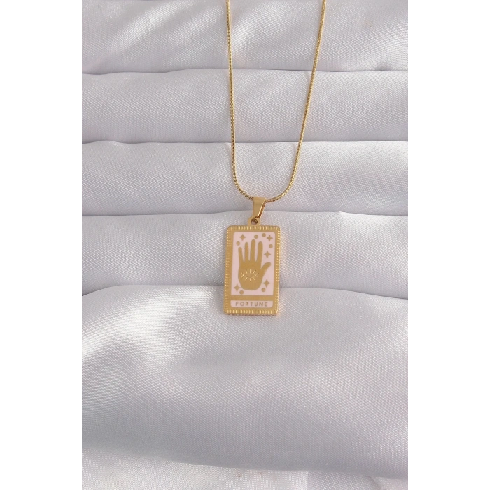Mey İthalat® 316L Çelik Gold Renk Pembe Mineli El Figür Tarot Kolye