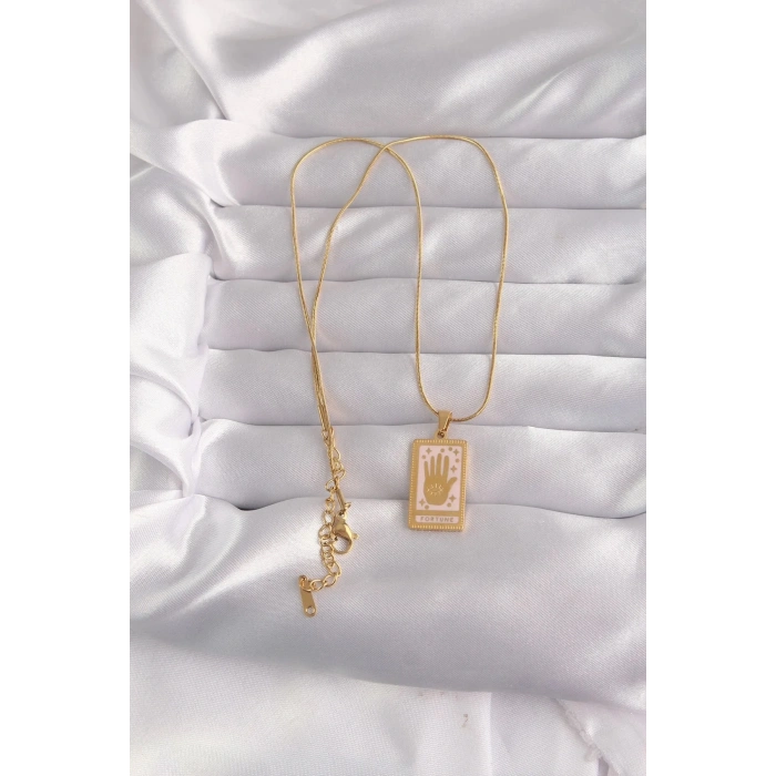 Mey İthalat® 316L Çelik Gold Renk Pembe Mineli El Figür Tarot Kolye