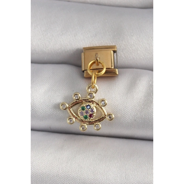 Mey İthalat® 316L Çelik Gold Renk Sallantı Zirkon Taşlı Göz Model Nomination Charm