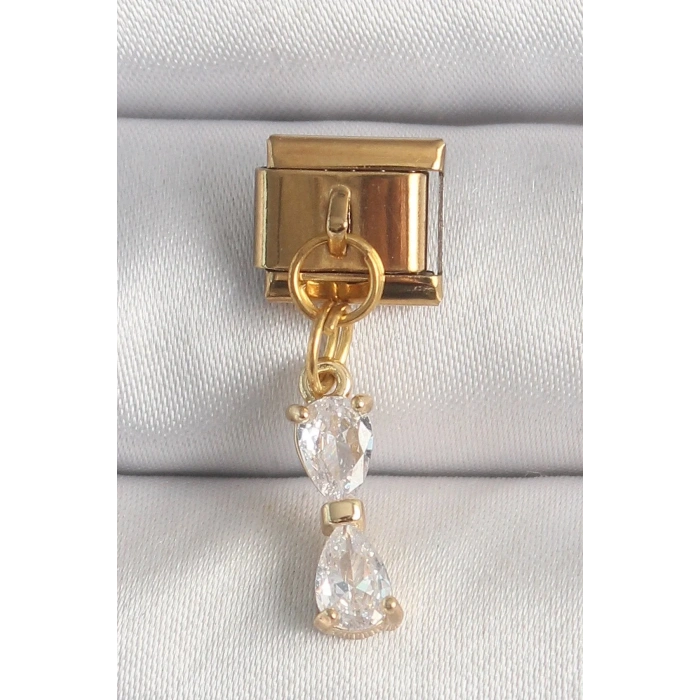 Mey İthalat® 316L Çelik Gold Renk Sallantı Zirkon Taşlı Kurdele Model Nomination Charm