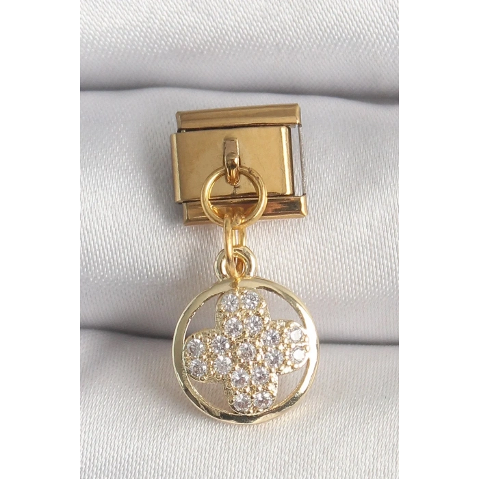 Mey İthalat® 316L Çelik Gold Renk Sallantı Zirkon Taşlı Yonca Model Nomination Charm