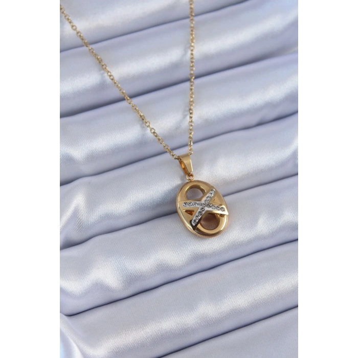 Mey İthalat® 316L Çelik Gold Renk Zirkon Taşlı Kadın Kolye