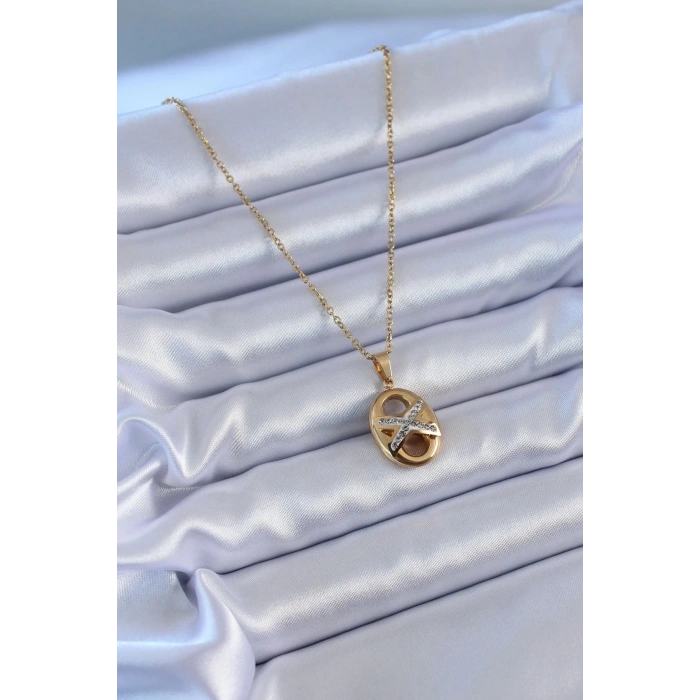 Mey İthalat® 316L Çelik Gold Renk Zirkon Taşlı Kadın Kolye
