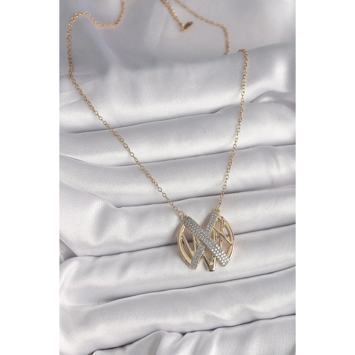 Mey İthalat® 316L Çelik Gold Renk Zirkon Taşlı Vintage Model Kadın Kolye