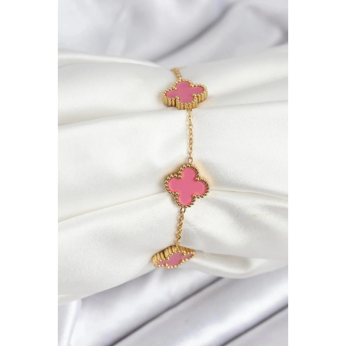Mey İthalat® 316L Çelik Gold Zincir Pembe Yonca Renk Bileklik