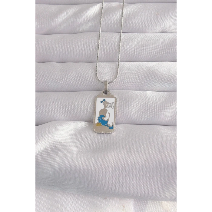 Mey İthalat® 316L Çelik Gümüş Renk Beyaz Mineli Kız Figür Tarot Kolye