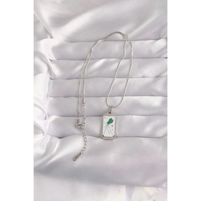 Mey İthalat® 316L Çelik Gümüş Renk Beyaz Mineli Tarot Kolye