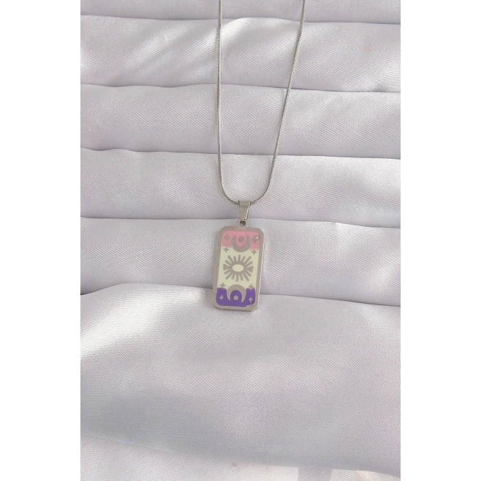 Mey İthalat® 316L Çelik Gümüş Renk Karışık Mineli Ay Figür Tarot Kolye