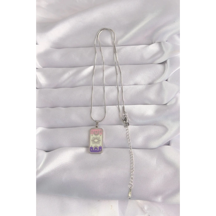 Mey İthalat® 316L Çelik Gümüş Renk Karışık Mineli Ay Figür Tarot Kolye