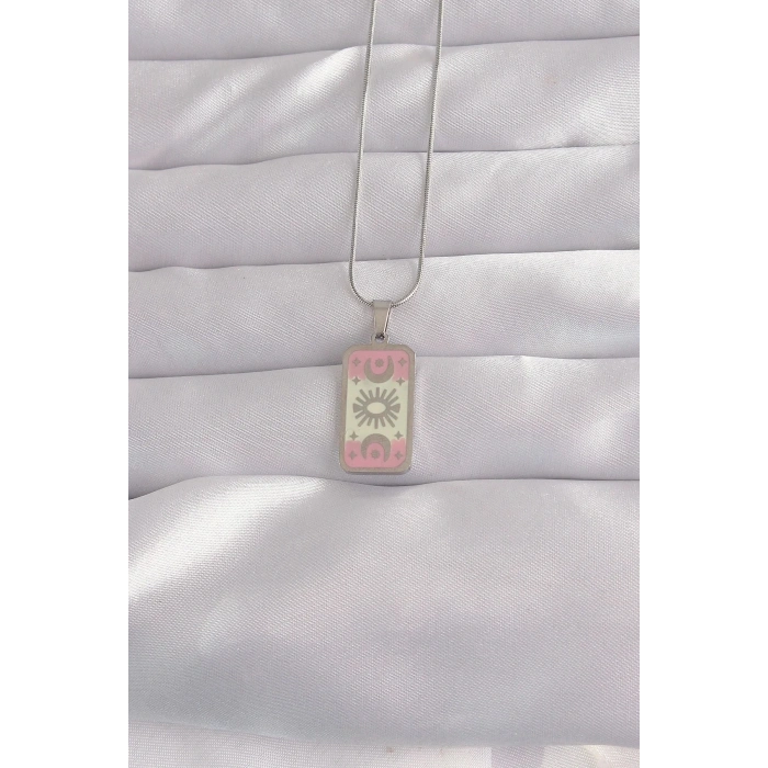 Mey İthalat® 316L Çelik Gümüş Renk Pembe Mineli Ay Figür Tarot Kolye