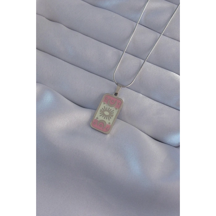 Mey İthalat® 316L Çelik Gümüş Renk Pembe Mineli Ay Figür Tarot Kolye