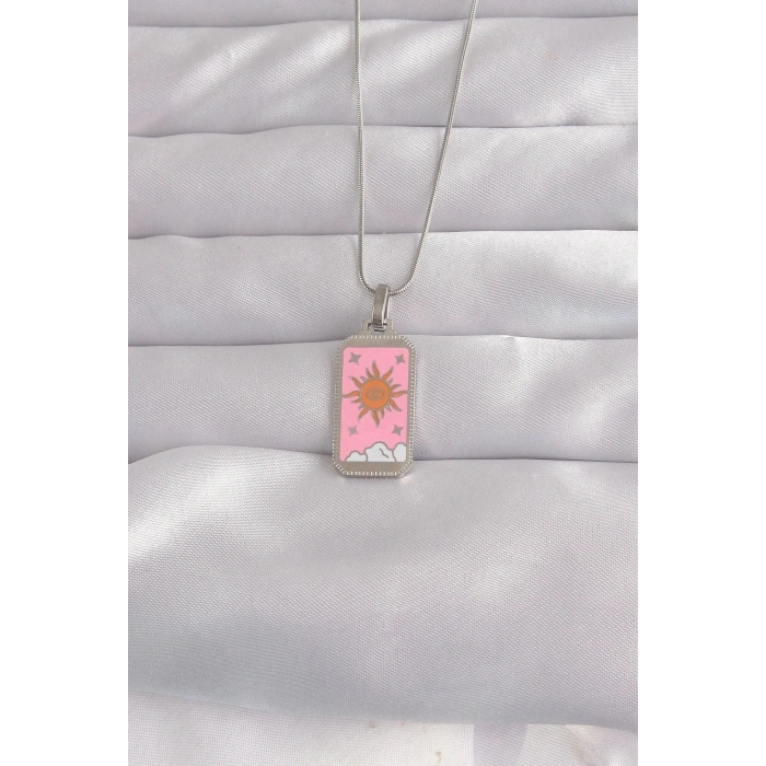 Mey İthalat® 316L Çelik Gümüş Renk Pembe Mineli Güneş Model Tarot Kolye