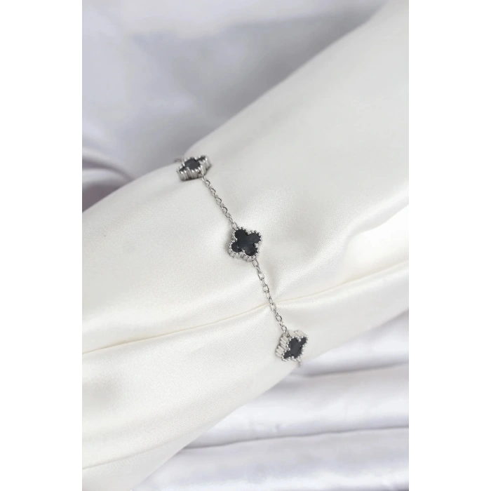 Mey İthalat® 316L Çelik Gümüş Renk Siyah Baby Boy Yonca Bileklik