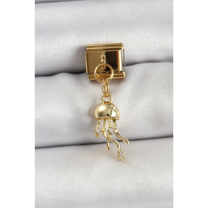 Mey İthalat® 316L Çelik Sallantılı Zirkon Taşlı Deniz Anası Model Gold Renk Nomination Charm
