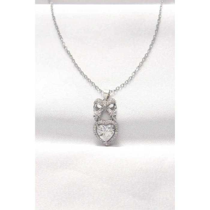 Mey İthalat® 316L Çelik Silver Renk Zirkon Taşlı Kalpli Fiyonk Kolye