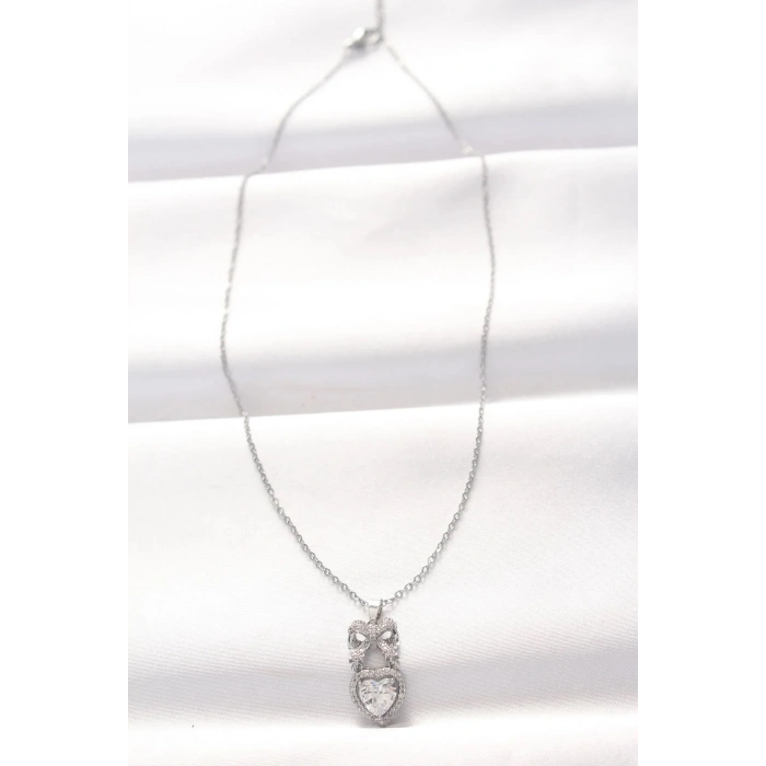 Mey İthalat® 316L Çelik Silver Renk Zirkon Taşlı Kalpli Fiyonk Kolye