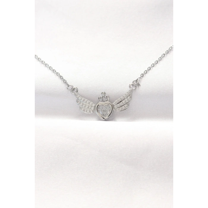 Mey İthalat® 316L Çelik Silver Renk Zirkon Taşlı Kalpli Kanat Kolye