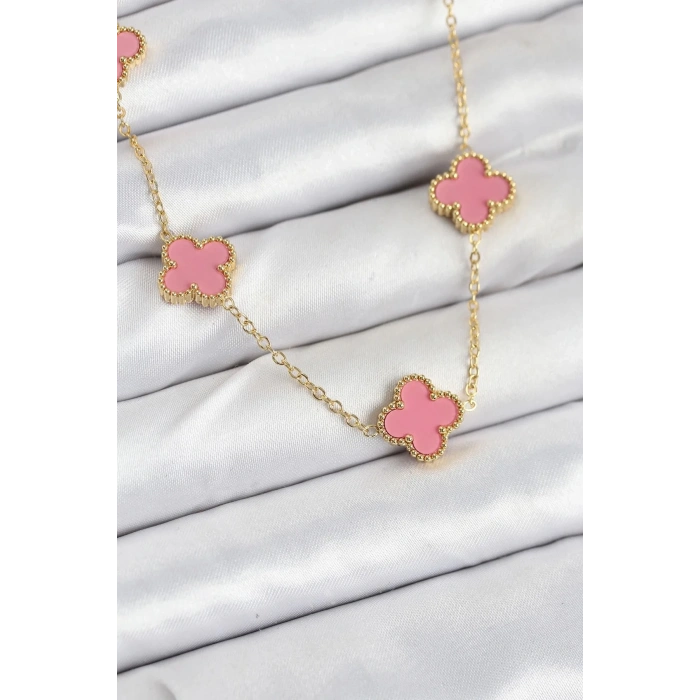 Mey İthalat® 316L Çelik Zincir Gold Pembe Renk Yonca Kadın Kolye