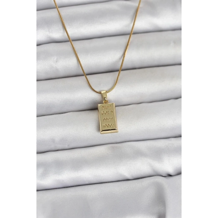 Mey İthalat® 316L Çelik Zincir Gold Renk Külçe Altın Model Kadın Kolye